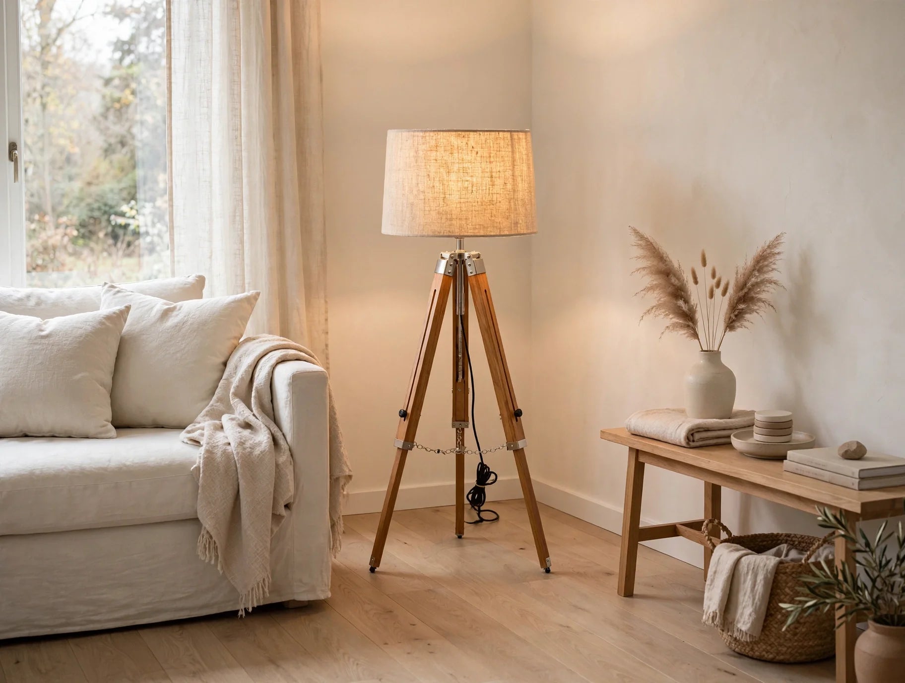 Nishaara’s Minimalist Tripod Floor Lamp with Linen Shade
