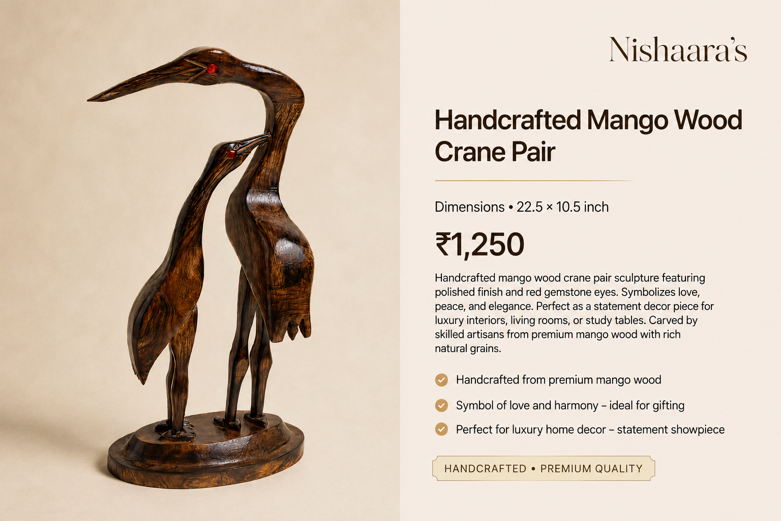 Nishaara's Handcrafted Mango Wood Crane Pair – Symbol of Love & Harmony