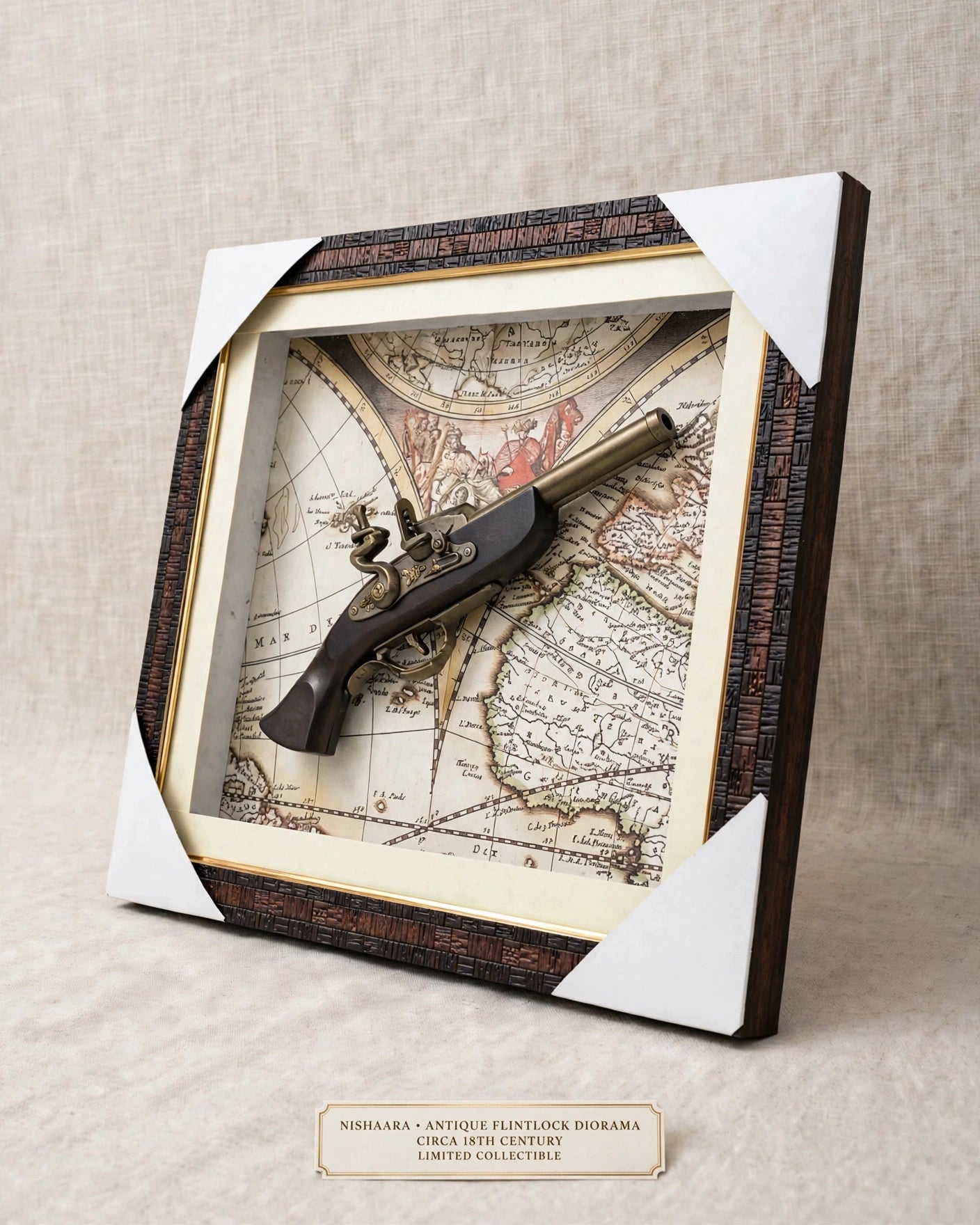 The Explorer’s Legacy – Vintage Map & Flintlock style Antique Pistol Wall Frame