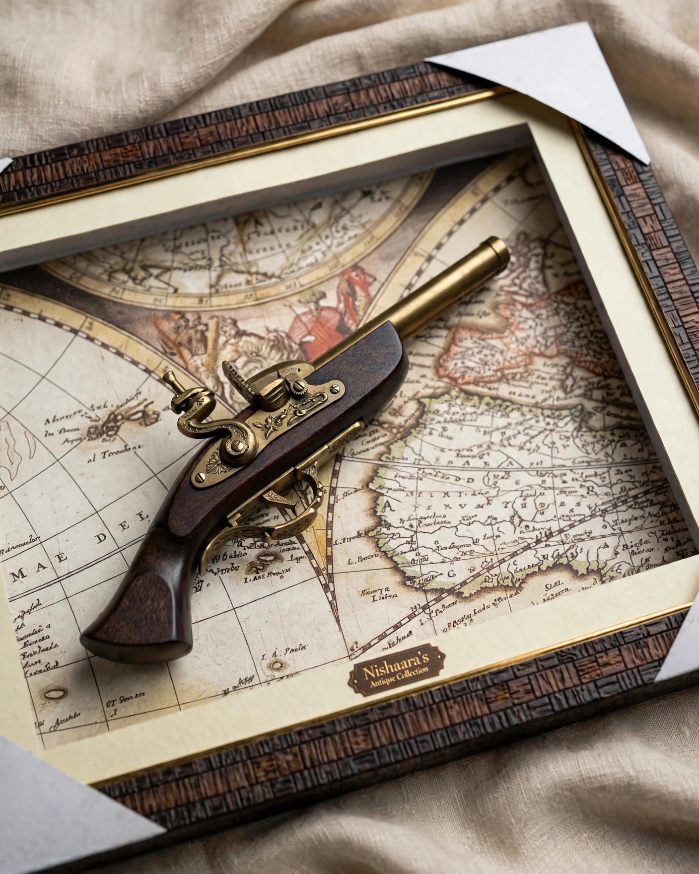 The Explorer’s Legacy – Vintage Map & Flintlock style Antique Pistol Wall Frame