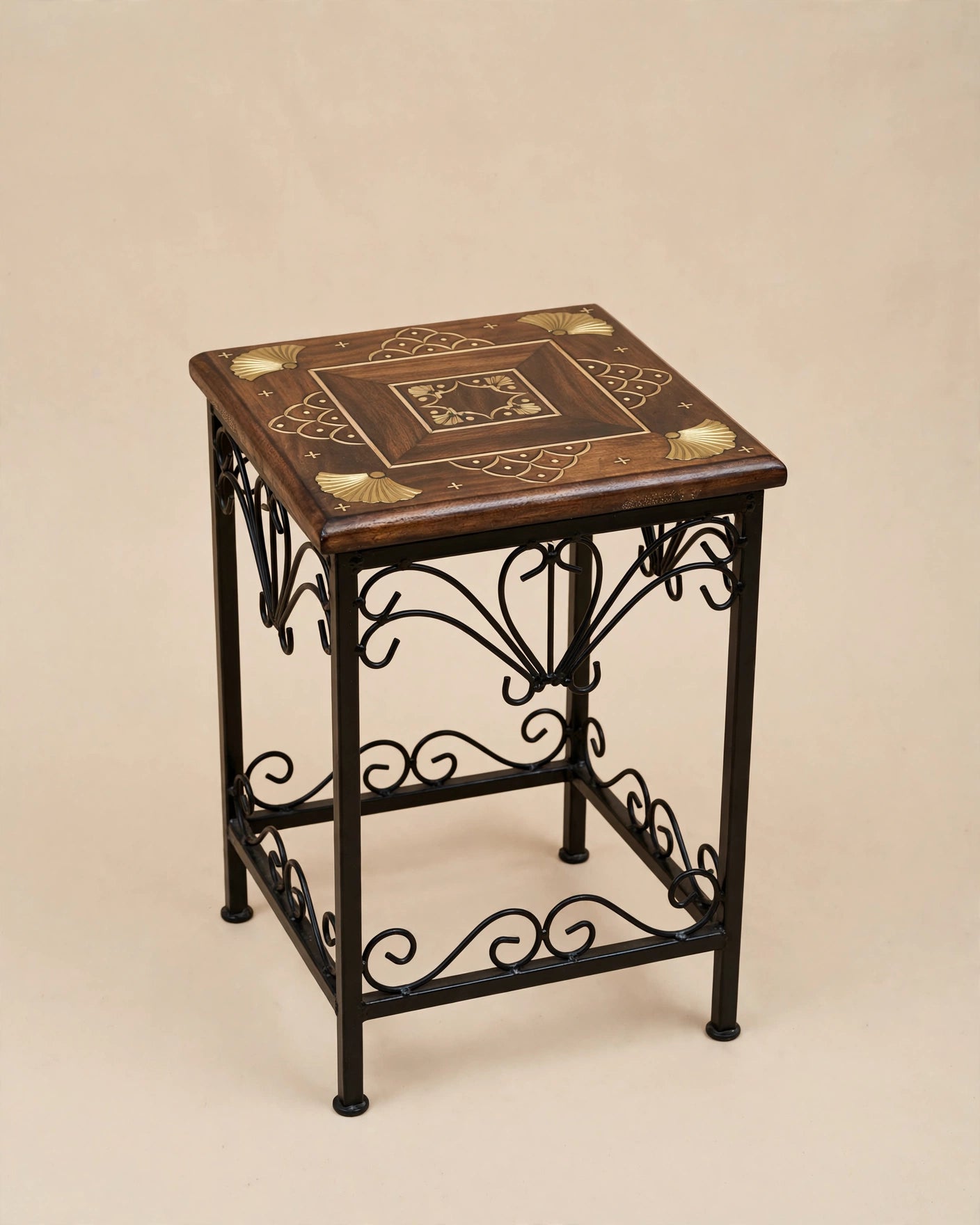 Nishaara Rajasthani Wooden Stool – Brass Inlay & Wrought Iron Base