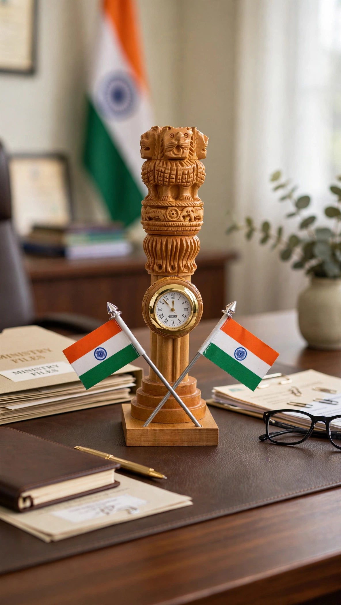 Nishaara’s Tiranga Gaurav – Ashoka Pillar Emblem with Quartz Clock & Dual Indian Flags