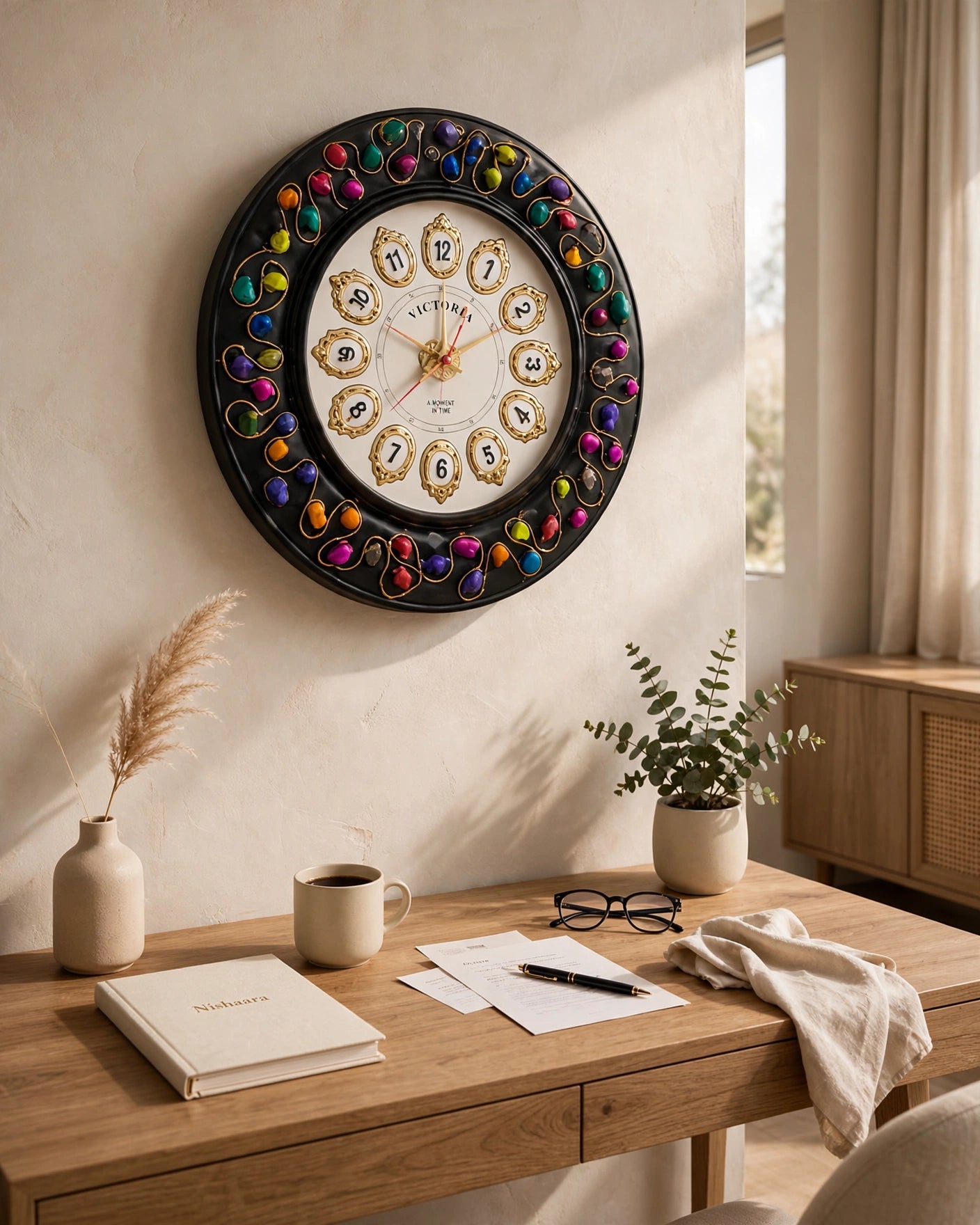 Nishaara Victoria Rainbow – Multicolor Natural Stone Pebble Wall Clock