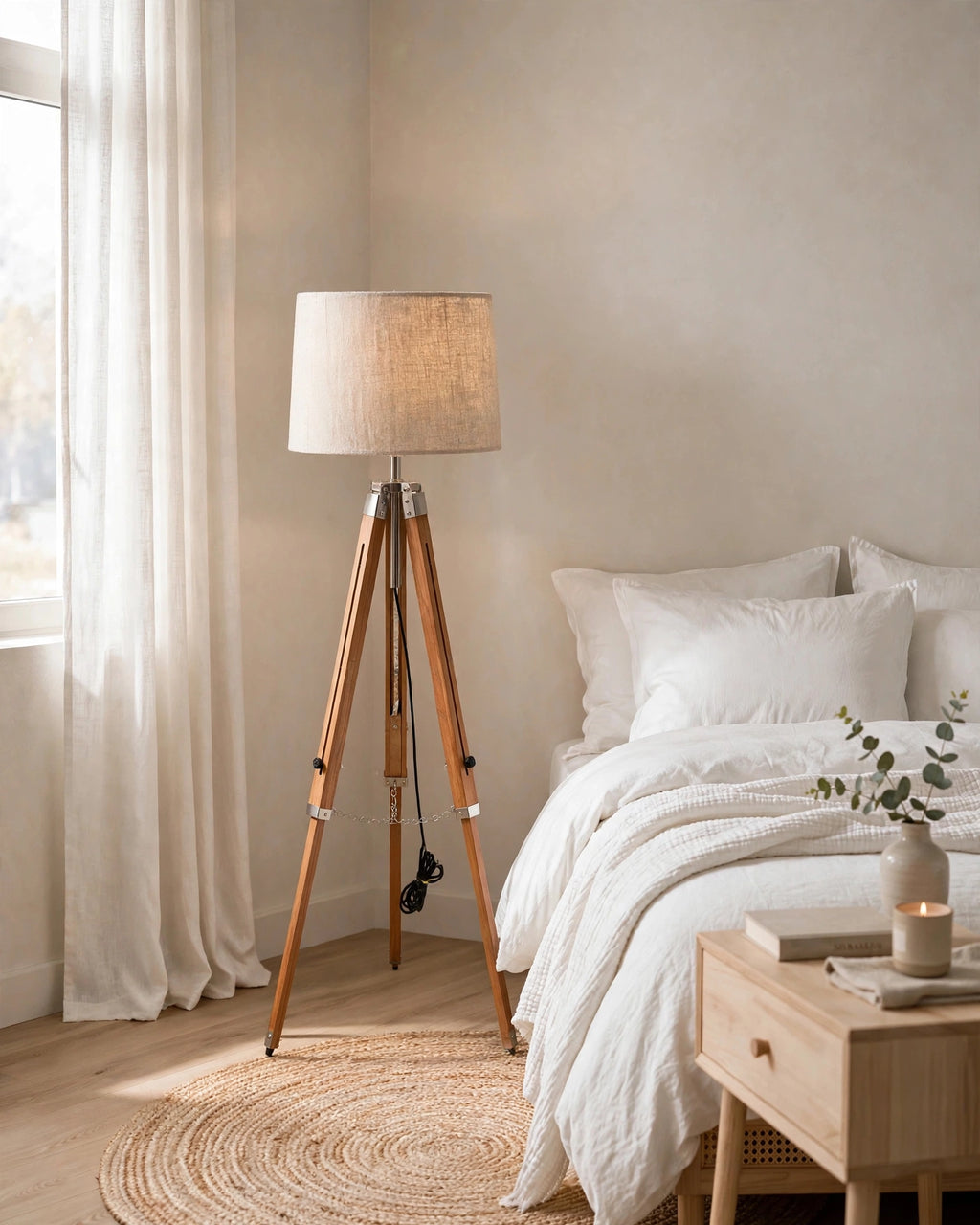 Nishaara’s Minimalist Tripod Floor Lamp with Linen Shade