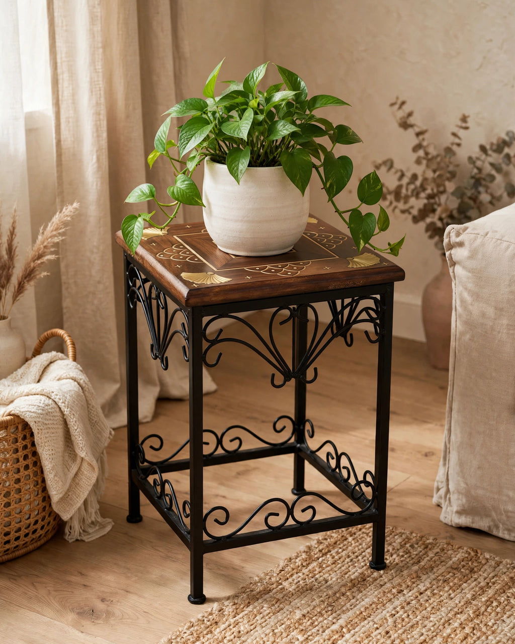 Nishaara Rajasthani Wooden Stool – Brass Inlay & Wrought Iron Base