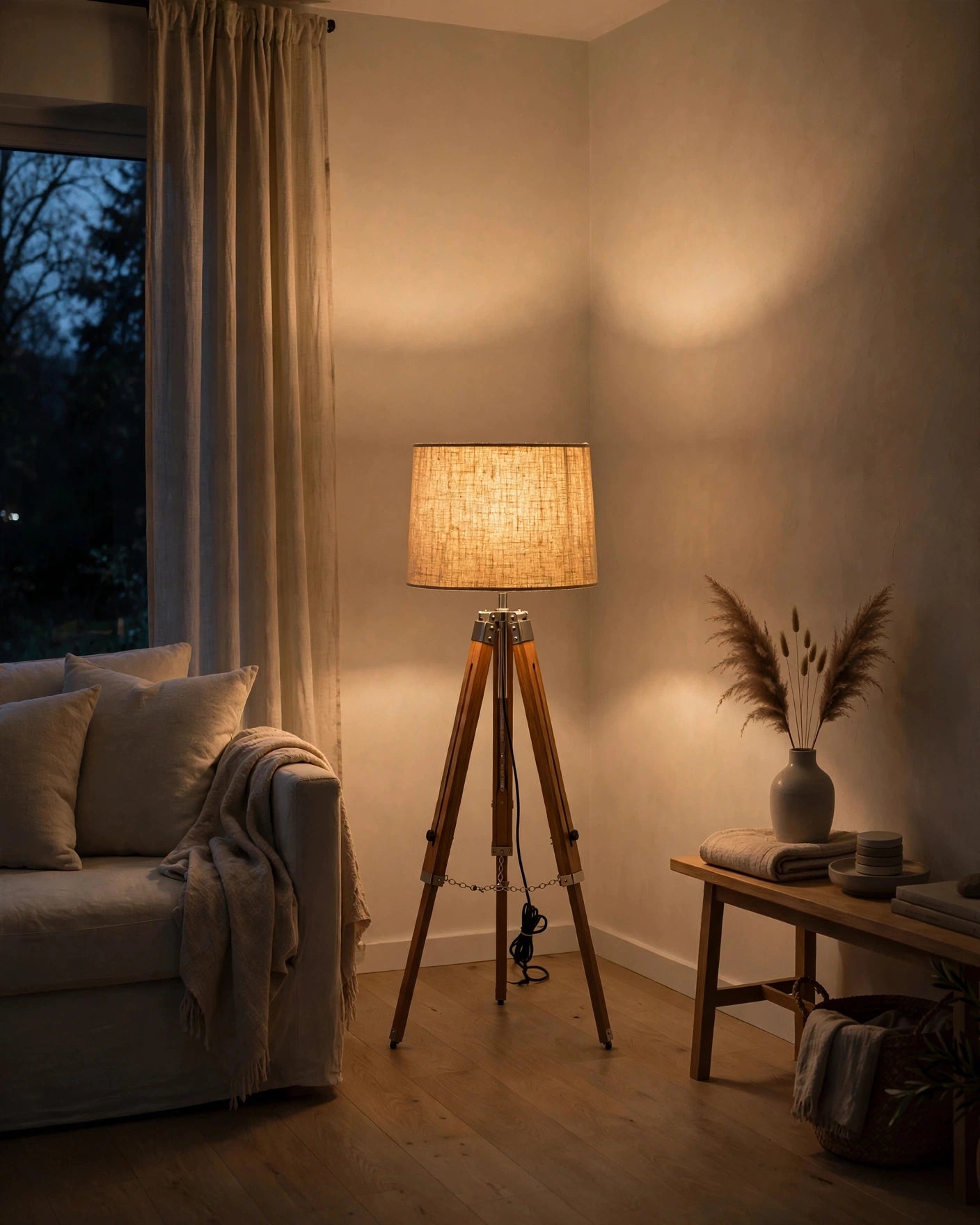 Nishaara’s Minimalist Tripod Floor Lamp with Linen Shade