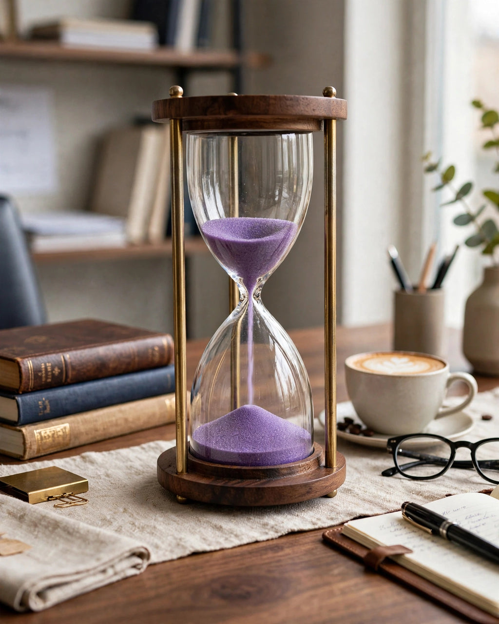 Antique Wooden & Brass Hourglass Sand Timer - 10.5 in
