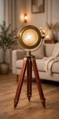 Nishaara Maritime Heritage – Brass Nautical Spotlight Floor Lamp on Teak Tripod