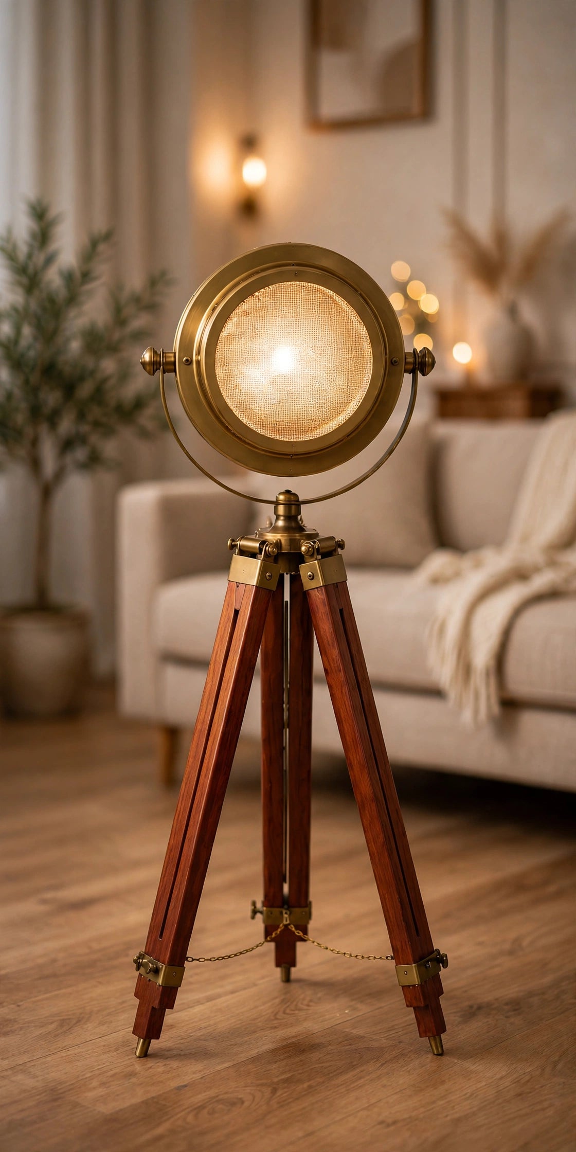 Nishaara Maritime Heritage – Brass Nautical Spotlight Floor Lamp on Teak Tripod