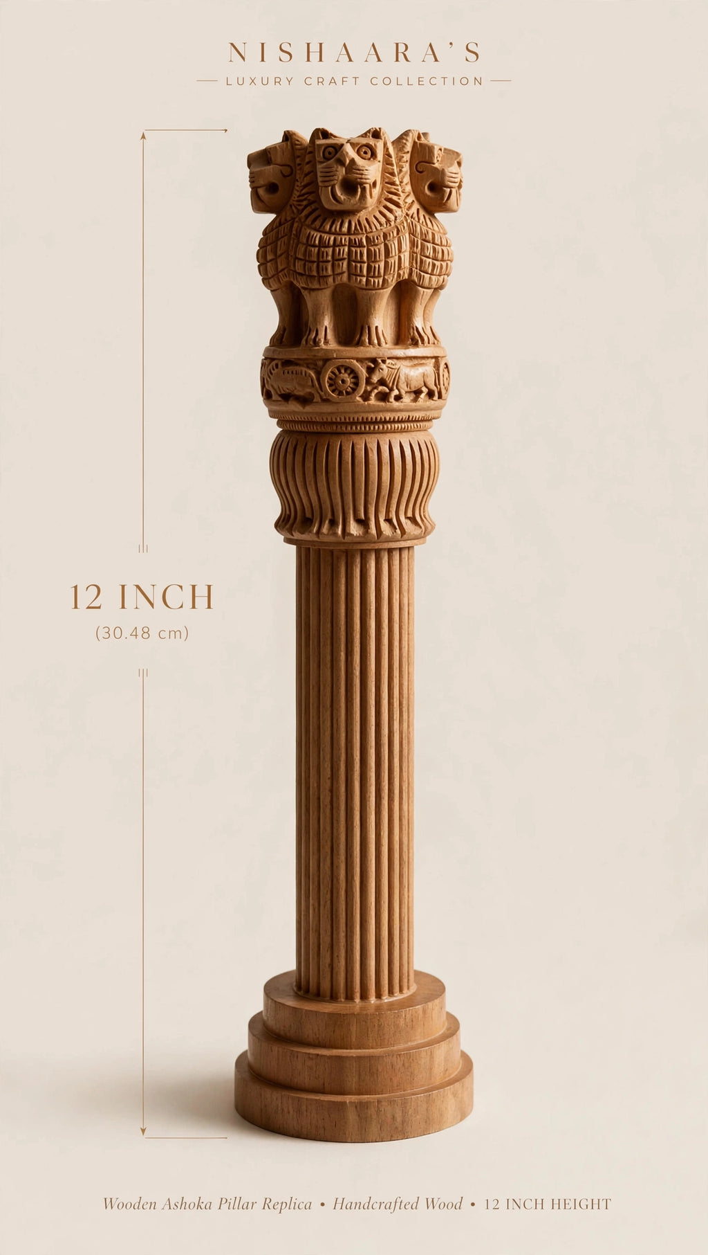 Ashoka Pillar – Lion Capital of Sarnath Wooden Emblem (Single-Piece Carved) – 12 Inch
