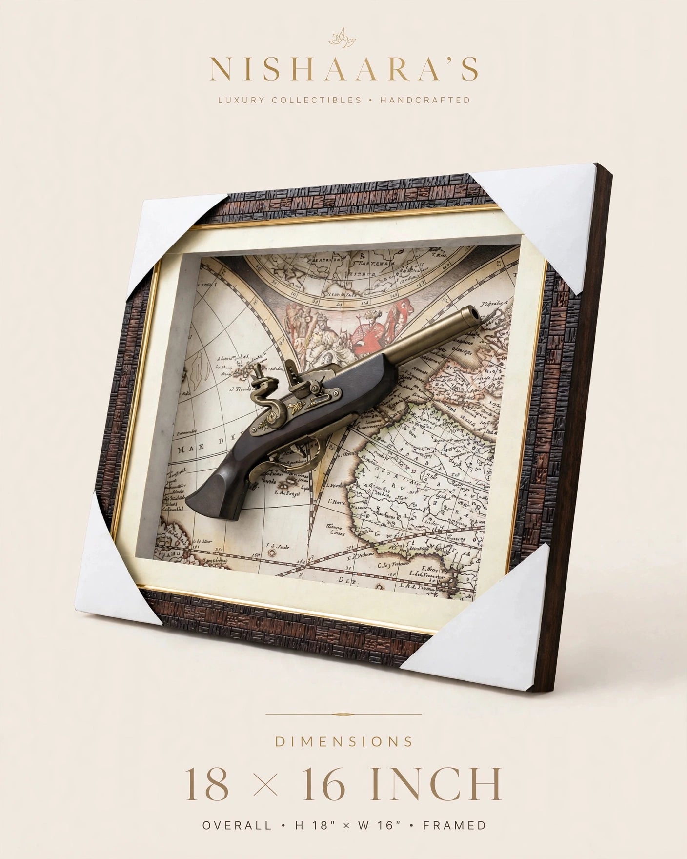 The Explorer’s Legacy – Vintage Map & Flintlock style Antique Pistol Wall Frame