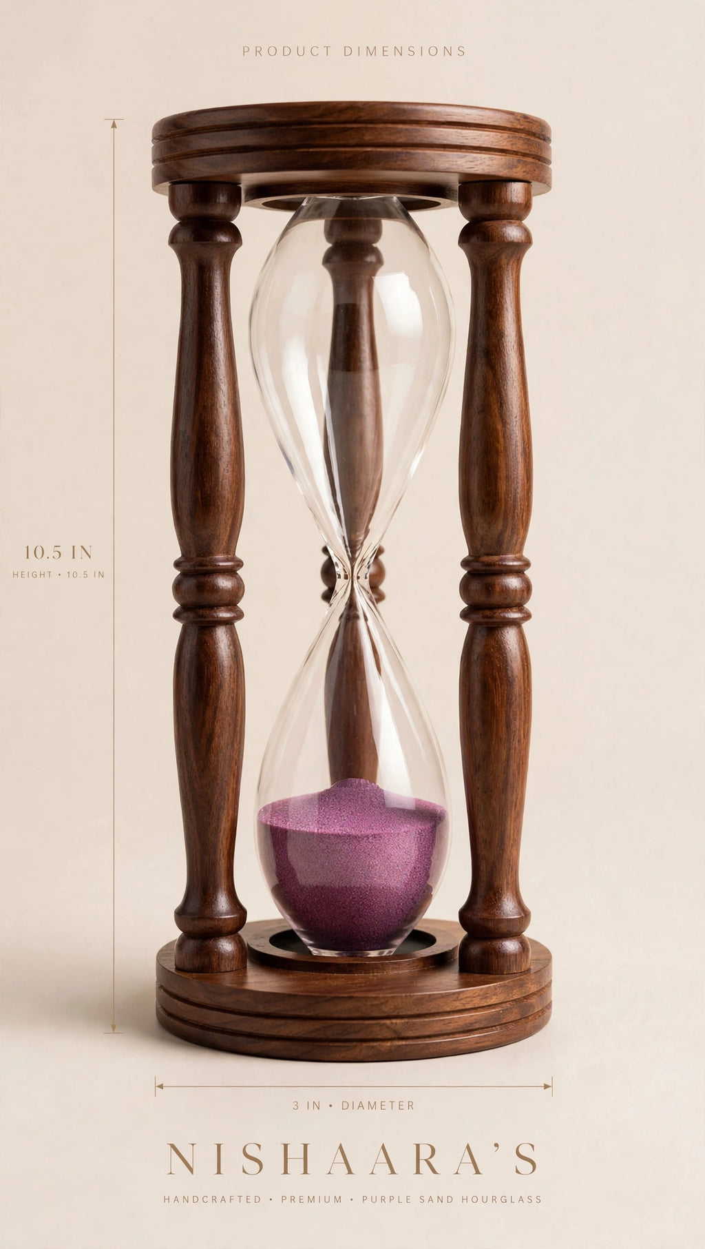 Nishaara’s Royal Hourglass – Turned Sheesham Wood with Amethyst Purple Sand – 10.5 Inch