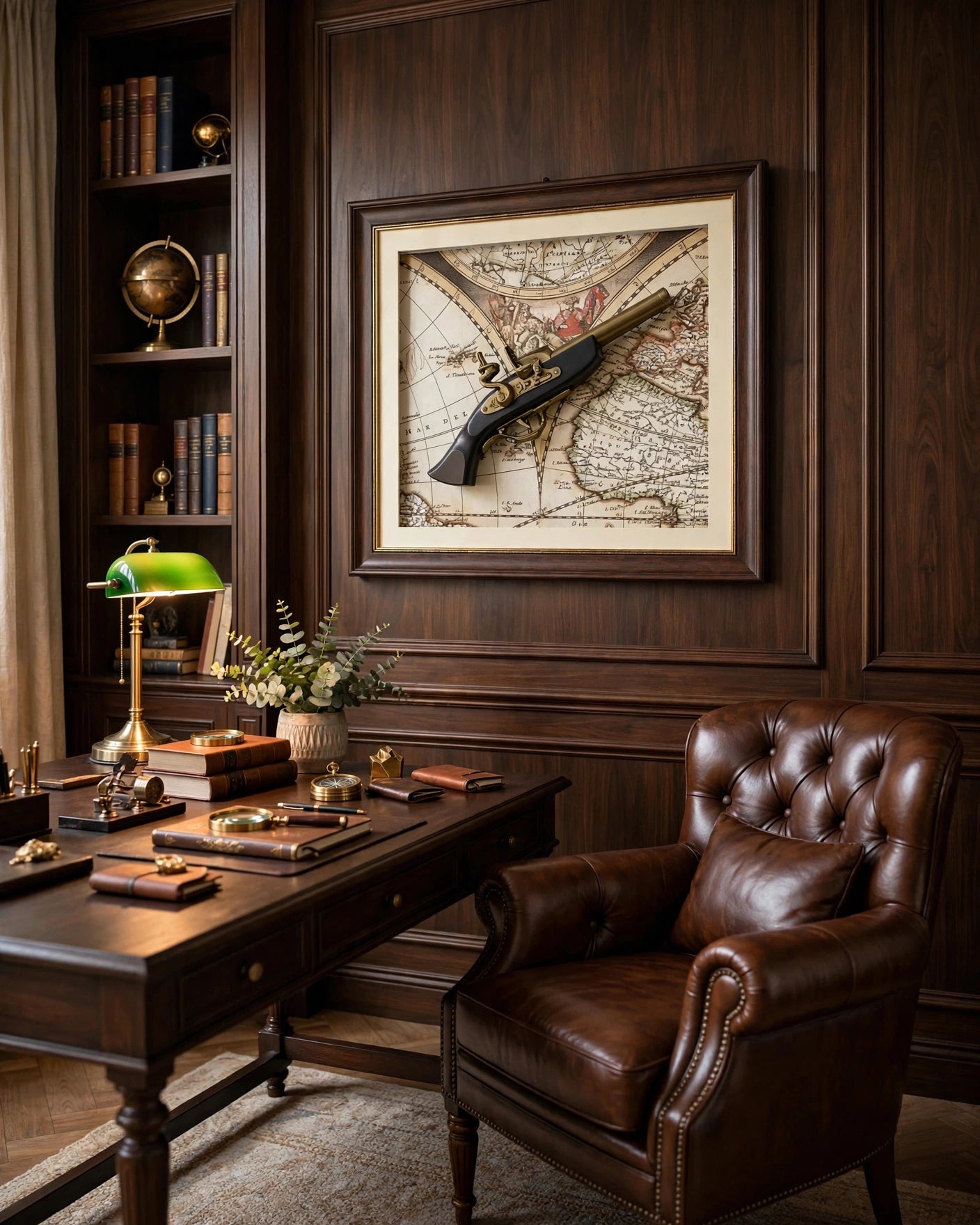 The Explorer’s Legacy – Vintage Map & Flintlock style Antique Pistol Wall Frame