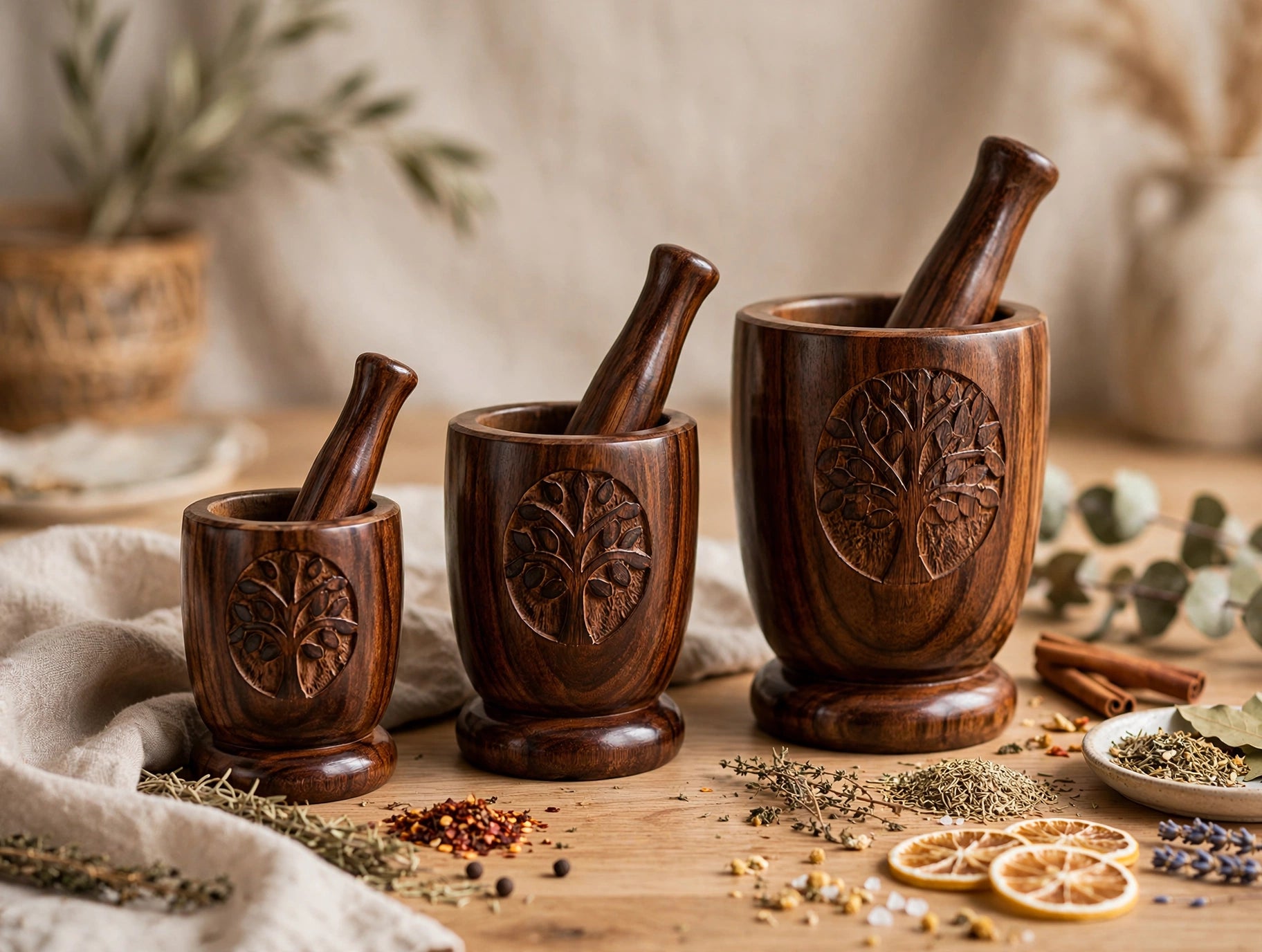 Nishaara's Jeevan Vriksha Hand-Carved Mortar Pestle Set of 3 | Imam Dasta