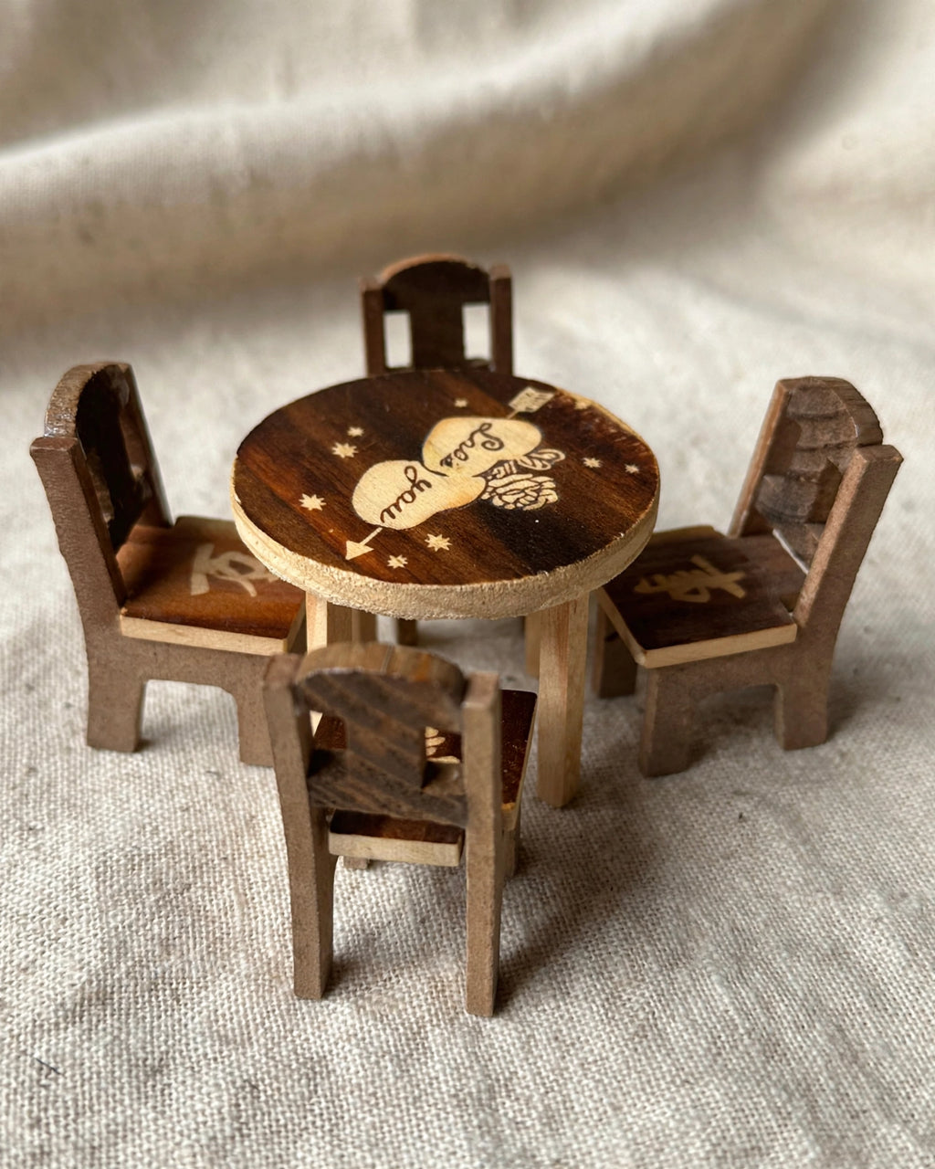 Miniature Wooden Dining Table Set – 4 Chairs + 1 Round Table | Love Heart Engraved | Dollhouse Miniature 1:12 Scale
