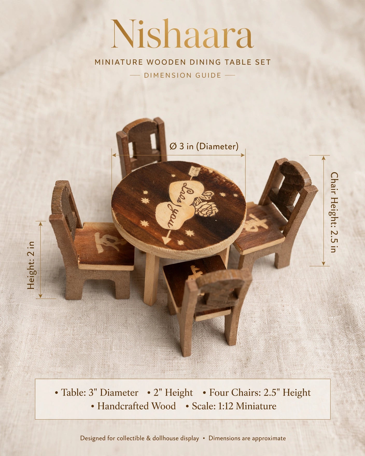 Miniature Wooden Dining Table Set – 4 Chairs + 1 Round Table | Love Heart Engraved | Dollhouse Miniature 1:12 Scale