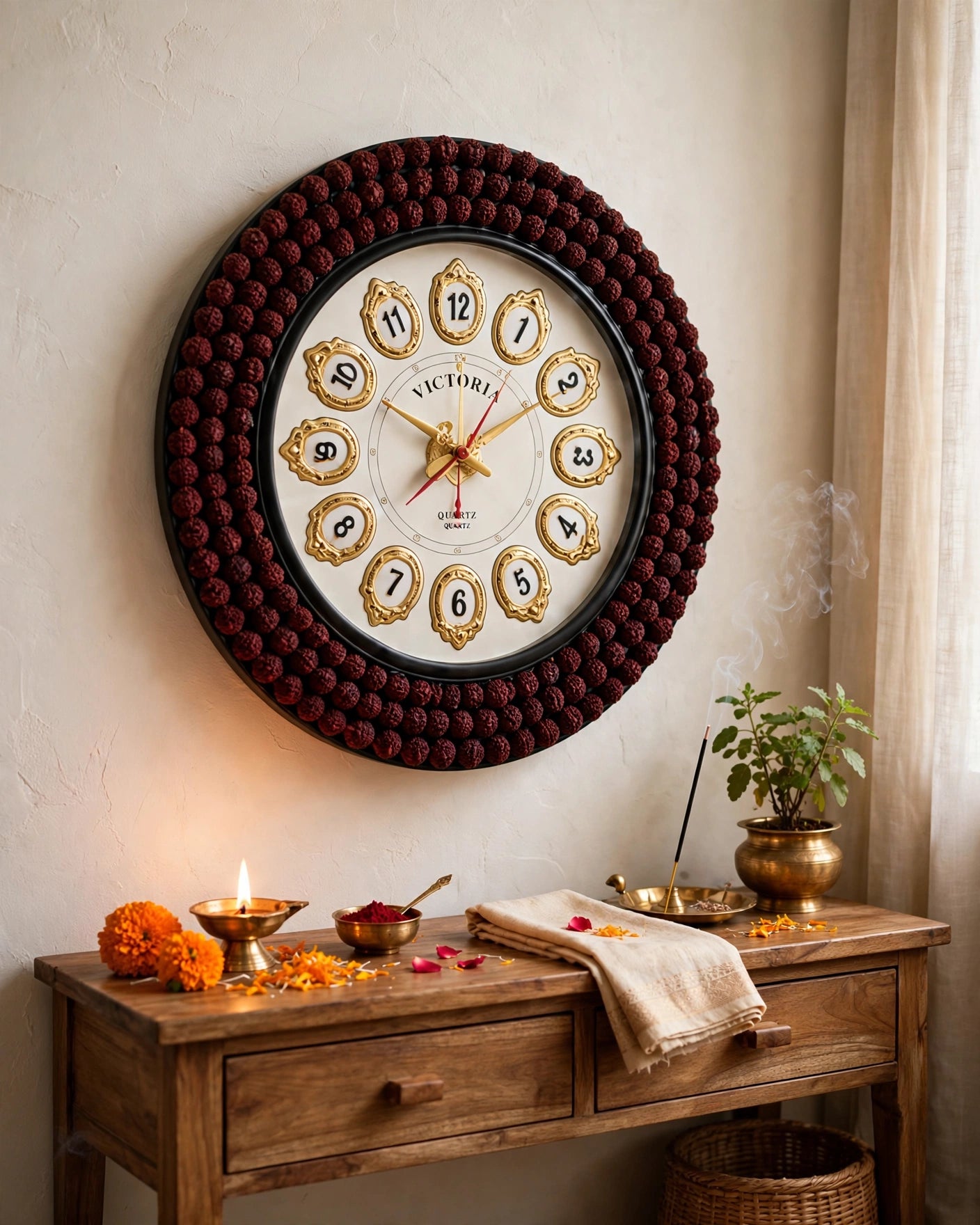 Rudraksha Aura – Spiritual Maroon Beaded Wall Clock