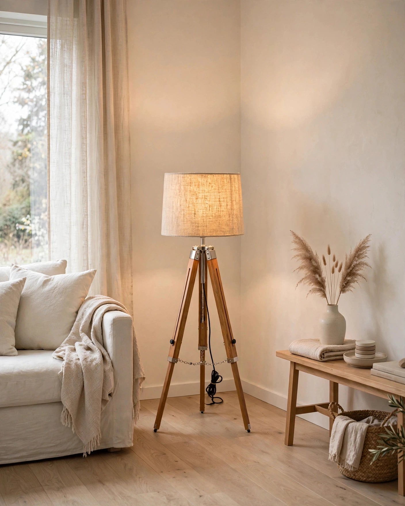 Nishaara’s Minimalist Tripod Floor Lamp with Linen Shade