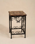 Nishaara Rajasthani Wooden Stool – Brass Inlay & Wrought Iron Base