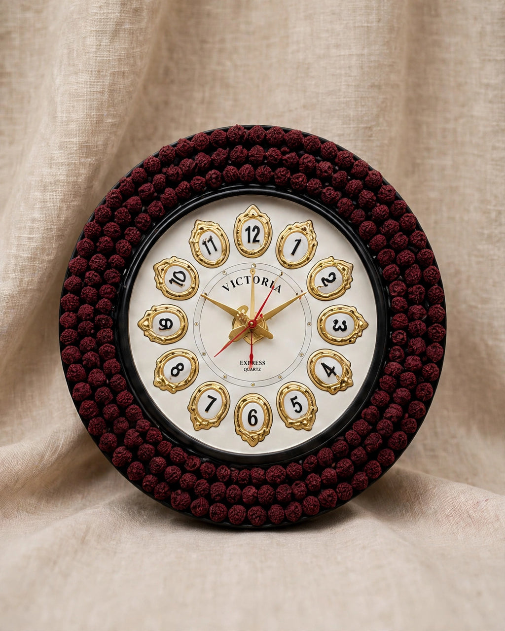 Rudraksha Aura – Spiritual Maroon Beaded Wall Clock