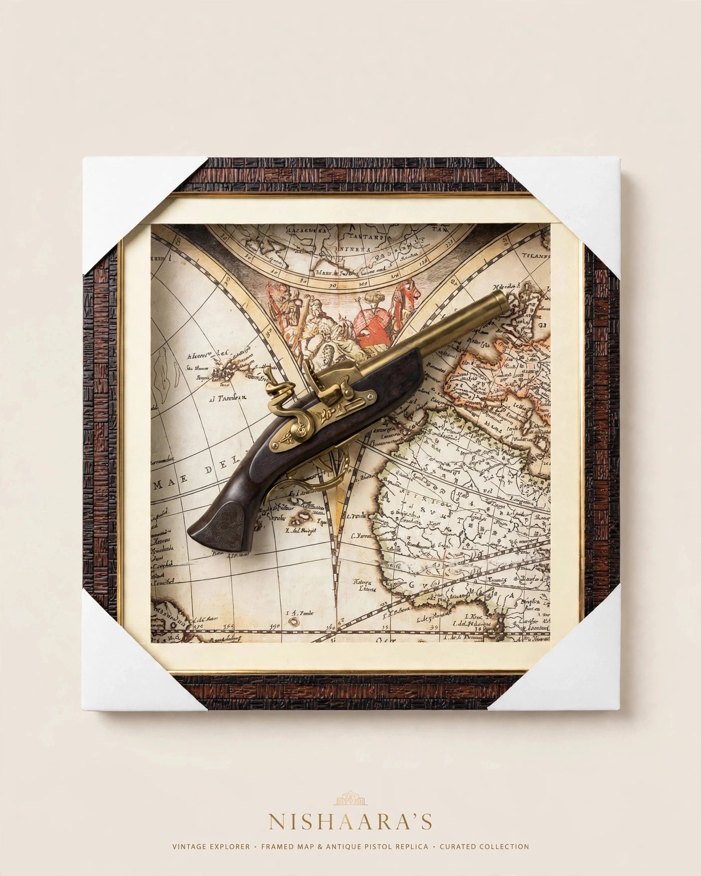 The Explorer’s Legacy – Vintage Map & Flintlock style Antique Pistol Wall Frame
