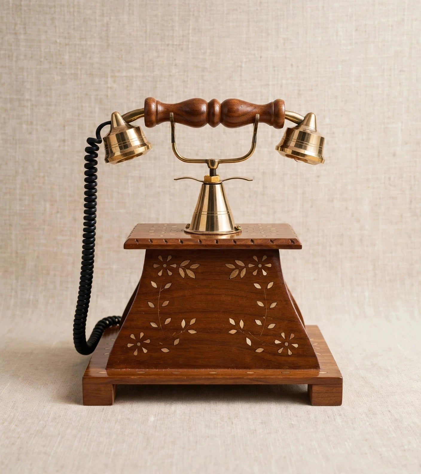 Nishaara's Vintage Sheesham Wooden Telephone with Brass Rotary Dial