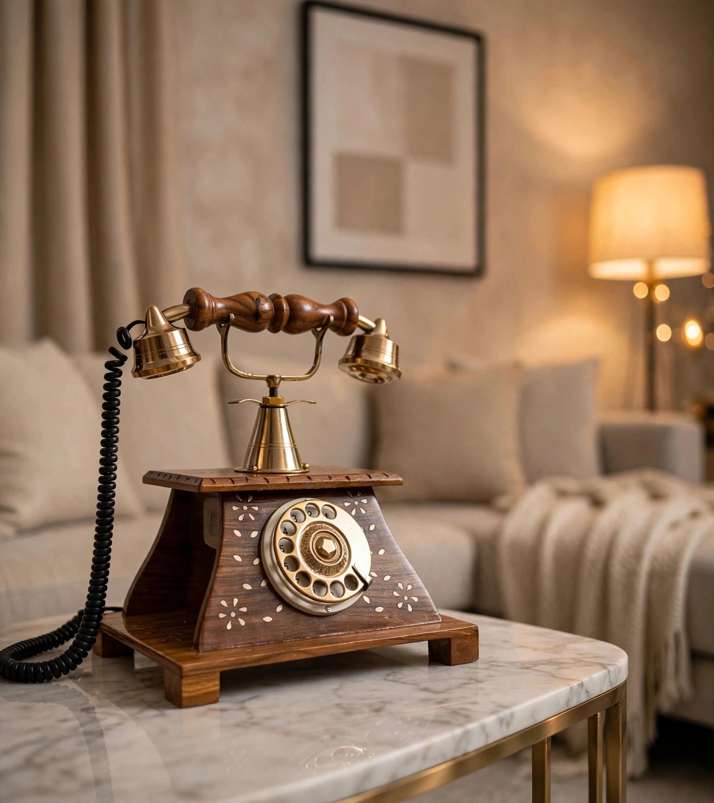 Nishaara's Vintage Sheesham Wooden Telephone with Brass Rotary Dial