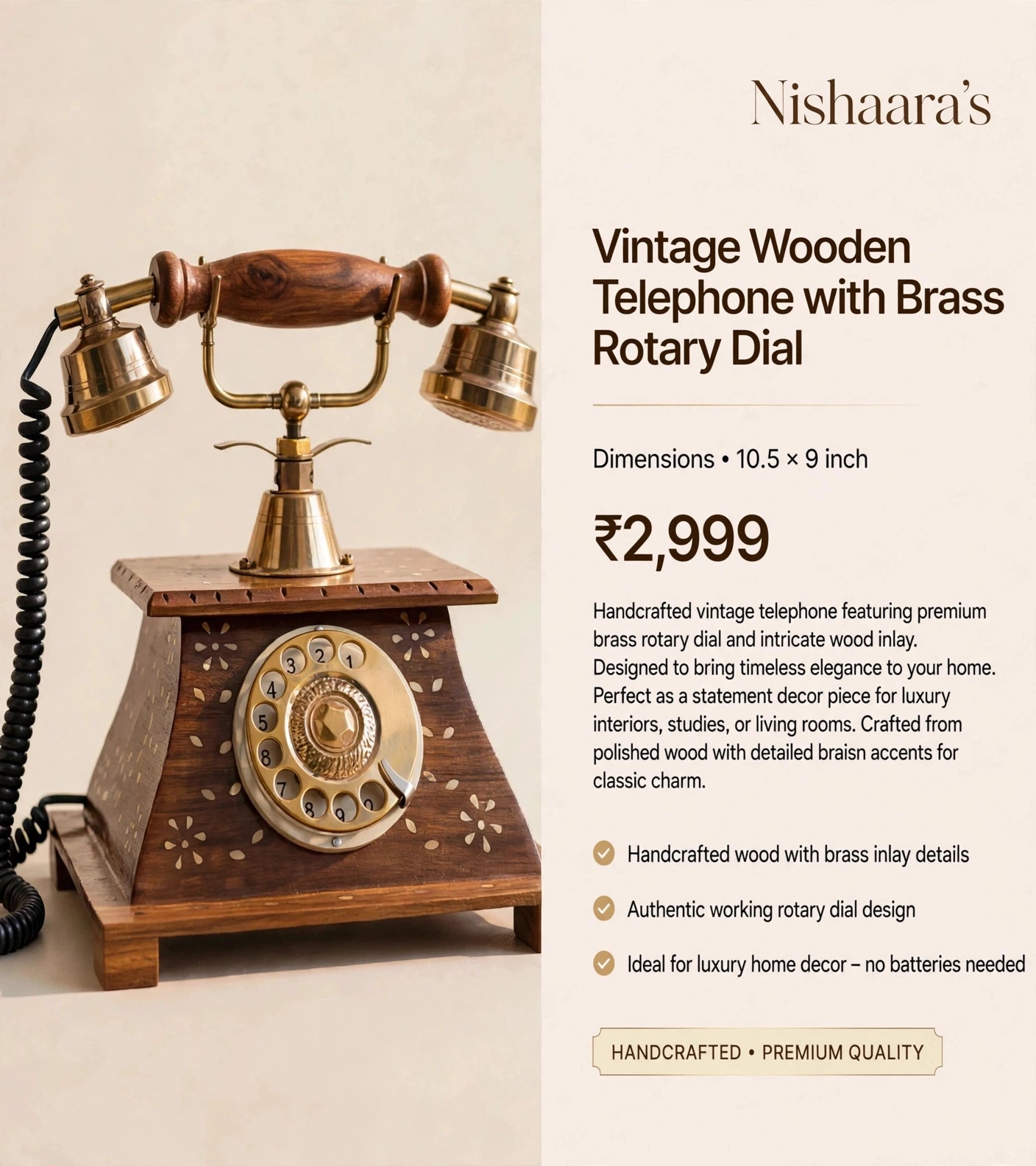 Nishaara's Vintage Sheesham Wooden Telephone with Brass Rotary Dial
