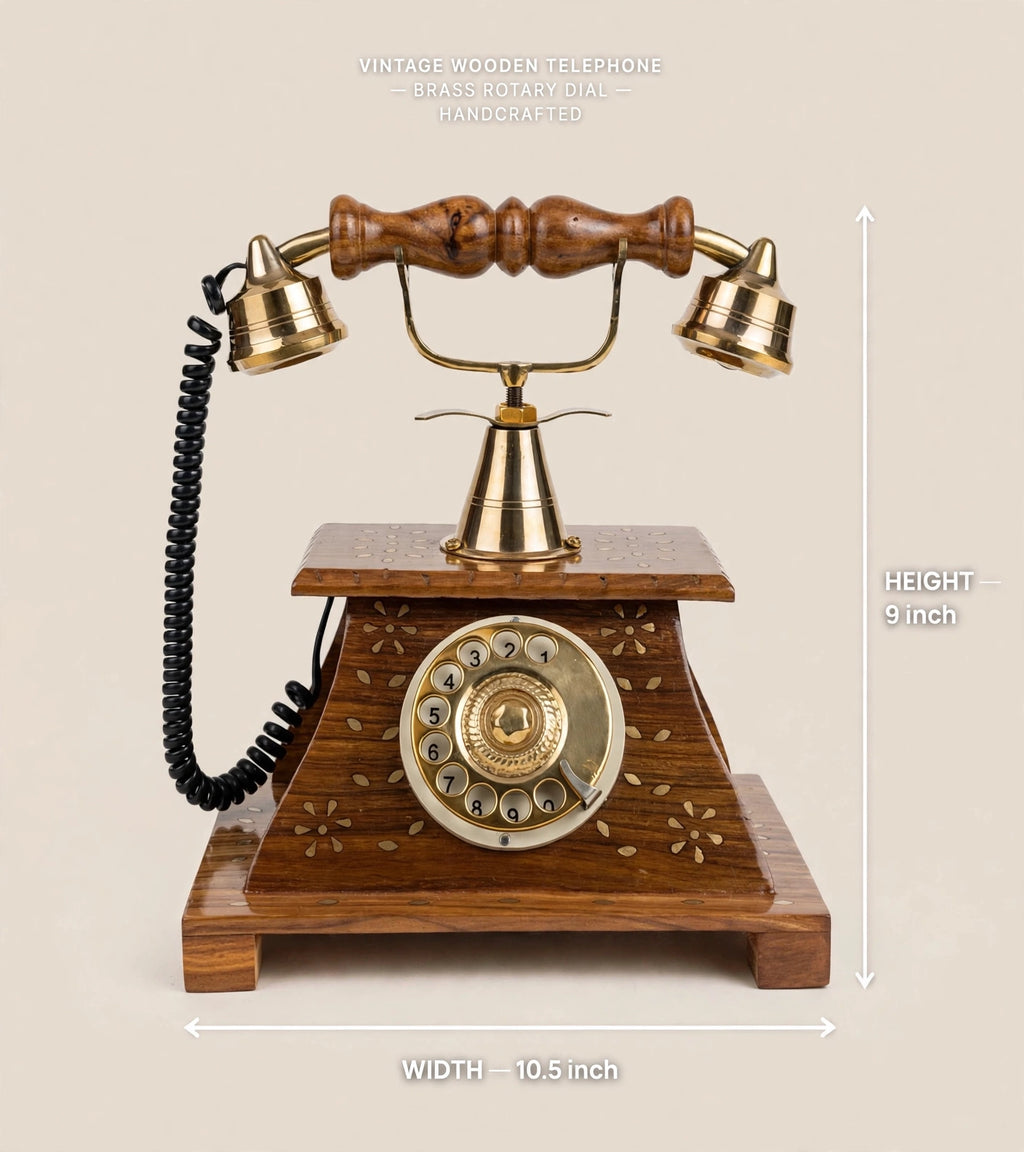 Nishaara's Vintage Sheesham Wooden Telephone with Brass Rotary Dial