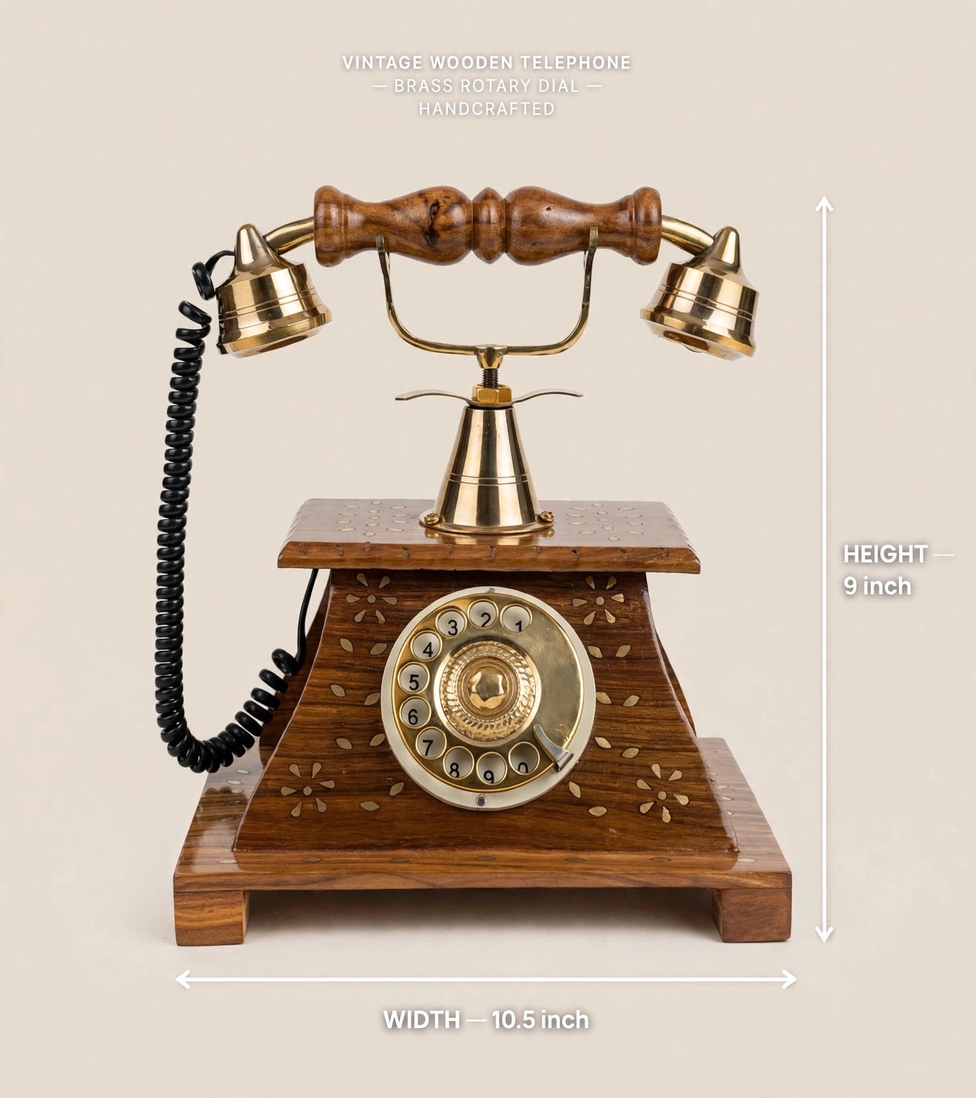 Nishaara's Vintage Sheesham Wooden Telephone with Brass Rotary Dial