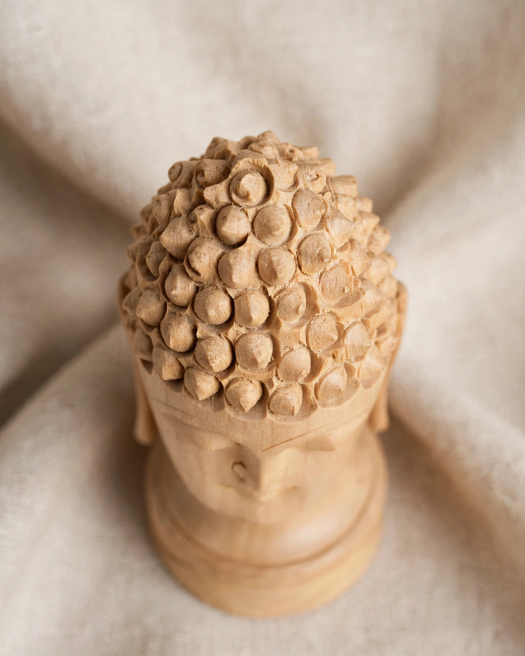 Hand-Carved Wooden Buddha Head Statue – 10 Inch Large | Kadam Wood Serenity Face with Ushnisha Curls | Meditation Decor for Living Room, Pooja, Office Desk, Home Entrance
