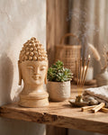 Hand-Carved Wooden Buddha Head Statue – 10 Inch Large | Kadam Wood Serenity Face with Ushnisha Curls | Meditation Decor for Living Room, Pooja, Office Desk, Home Entrance